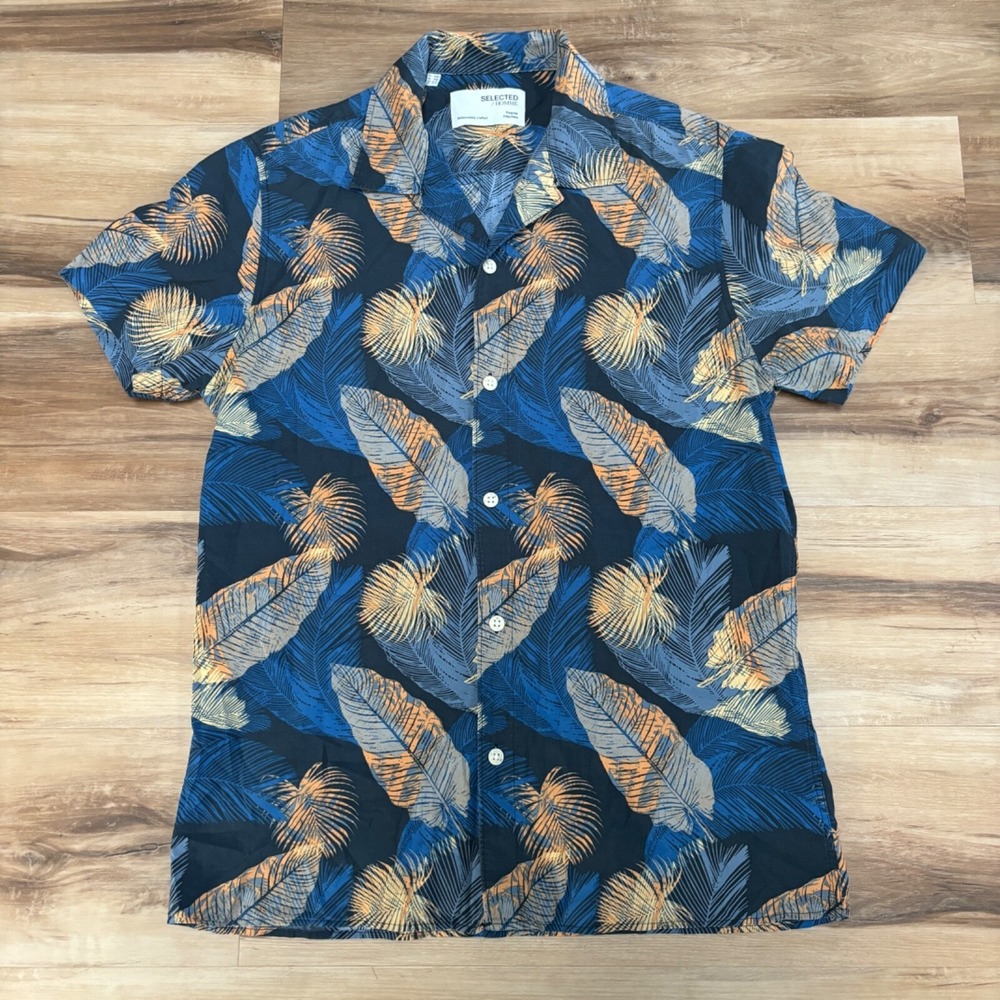 Selected Homme Shirt Mens Medium Tropical Leaf Cotton Camp Collar Regular Blue